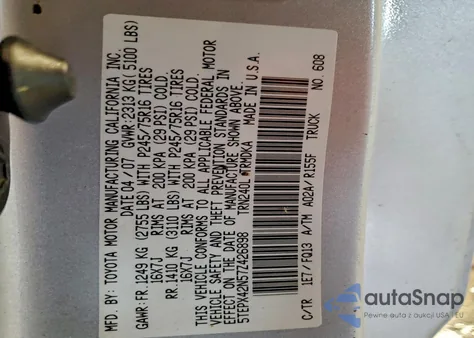 2007 Toyota Tacoma from USA, damaged, VIN 5TEPX42N57Z426898